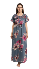 🌸 Alpine Women’s Printed Long Nightgown | Short Sleeves | Full-Length | Side Pocket | Soft Comfortable Nightwear