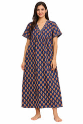 Women’s Cotton Printed Maxi Nightgown | Comfortable Loose Fit Long Night Dress | Soft Breathable Nightwear with Short Sleeves
