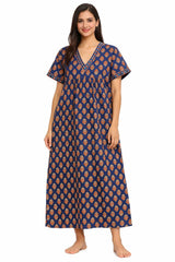 Women’s Cotton Printed Maxi Nightgown | Comfortable Loose Fit Long Night Dress | Soft Breathable Nightwear with Short Sleeves