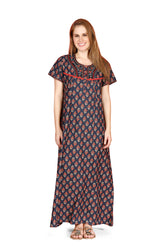 🌸 Evolove Cotton Nighty Maxi for Women Printed Short Sleeves | Full-Length | Side Pocket