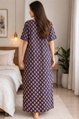 Women’s Cotton Printed Maxi Nightgown | Comfortable Loose Fit Long Night Dress | Soft Breathable Nightwear with Short Sleeves