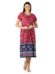 Women’s Maroon Printed Ankle Length Nighty with Short Sleeves (ANGCO3042MN)