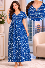 Women's 100% Pure Rayon Fabric Smoking Pattern Long Nightgown | Full Length Maxi Nighty | Soft Breathable Sleepwear with Pocket