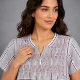 Elegant Grey Rayon Smocking Long Nighty with Side Pocket