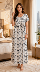Women's 100% Pure Rayon Fabric Smoking Pattern Long Nightgown | Full Length Maxi Nighty | Soft Breathable Sleepwear with Pocket