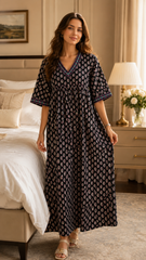 Women’s 100% Pure Cotton Printed Embroidered Maxi Nightgown | Comfortable Loose Fit Long Night Dress | Soft Breathable Nightwear with Short Sleeves