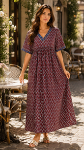 Women’s 100% Pure Cotton Printed Embroidery Maxi Nightgown | Comfortable Loose Fit Long Night Dress | Soft Breathable Nightwear with Short Sleeves