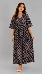 Women’s 100% Pure Cotton Printed Embroidered Maxi Nightgown | Comfortable Loose Fit Long Night Dress | Soft Breathable Nightwear with Short Sleeves
