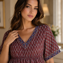 Women’s 100% Pure Cotton Printed Embroidery Maxi Nightgown | Comfortable Loose Fit Long Night Dress | Soft Breathable Nightwear with Short Sleeves