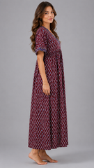 Women’s 100% Pure Cotton Printed Embroidery Maxi Nightgown | Comfortable Loose Fit Long Night Dress | Soft Breathable Nightwear with Short Sleeves