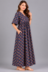 Women’s 100% Pure Cotton Printed Embroidered Maxi Nightgown | Comfortable Loose Fit Long Night Dress | Soft Breathable Nightwear with Short Sleeves