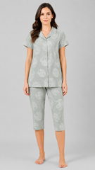 Evolove X Venus Premium Rayon Muslin Dobby Textured Capri Set for Women | Collared Neck Button-Down Top | Soft, Breathable Loungewear & Sleepwear