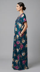 Alpine Designer Long Nightgown with Embroidery for Women with Side Pocket | Soft Breathable Fabric | Printed Maxi Nighty | Comfortable Daily Wear