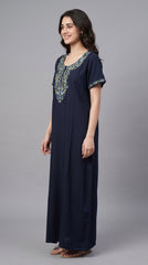 Women's Designer Kashmiri Embroidered Long Nightgown | Premium Bizzy Lizzy Fabric | Full Length Maxi Nighty | Soft, Breathable & Comfortable Sleepwear | Daily Wear & Lounge Wear