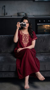 Women's Designer Kashmiri Embroidered Long Nightgown | Premium Bizzy Lizzy Fabric | Full Length Maxi Nighty | Soft, Breathable & Comfortable Sleepwear | Daily Wear & Lounge Wear