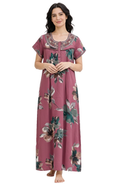 🌸 Alpine Women’s Printed Long Nightgown | Short Sleeves | Full-Length | Side Pocket | Soft Comfortable Nightwear
