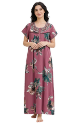 🌸 Alpine Women’s Printed Long Nightgown | Short Sleeves | Full-Length | Side Pocket | Soft Comfortable Nightwear