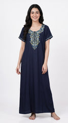 Women's Designer Kashmiri Embroidered Long Nightgown | Premium Bizzy Lizzy Fabric | Full Length Maxi Nighty | Soft, Breathable & Comfortable Sleepwear | Daily Wear & Lounge Wear