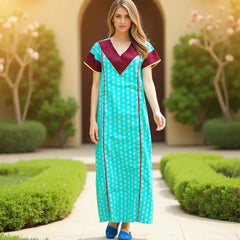 Evolove Cotton Nighty Maxi for Women with Side Pocket | Printed Short Sleeves Full Length Night Wear Gown