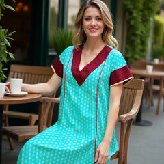 Evolove Cotton Nighty Maxi for Women with Side Pocket | Printed Short Sleeves Full Length Night Wear Gown