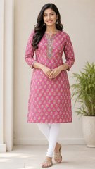 Evolove Women's Pure Cotton Printed Embroidered Kurta Only for Women