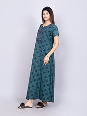 Evolove Alpine Fabric Nighty Maxi for Women with Side Pocket and Neckline Embroidery | Printed Short Sleeves Full Length Night Wear Gown