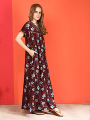 Alpine Long Nightgown for Women with Side Pocket | Soft Breathable Fabric | Printed Maxi Nighty | Comfortable Daily Wear