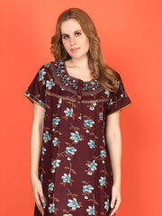 🌸 Evolove Alpine Nighty with Side Pocket & Neckline Embroidery | Printed Fabric