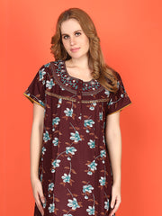🌸 Evolove Alpine Nighty with Side Pocket & Neckline Embroidery | Printed Fabric