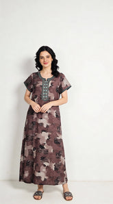 🌸 Alpine Women’s Printed Long Nightgown | Short Sleeves | Full-Length | Side Pocket | Soft Comfortable Nightwear