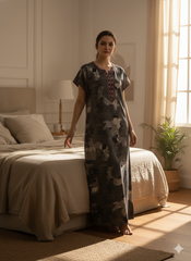 🌸 Alpine Women’s Printed Long Nightgown | Short Sleeves | Full-Length | Side Pocket | Soft Comfortable Nightwear