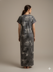 🌸 Alpine Women’s Printed Long Nightgown | Short Sleeves | Full-Length | Side Pocket | Soft Comfortable Nightwear