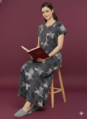 🌸 Alpine Women’s Printed Long Nightgown | Short Sleeves | Full-Length | Side Pocket | Soft Comfortable Nightwear