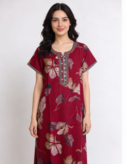 🌸 Alpine Women’s Printed Long Nightgown | Short Sleeves | Full-Length | Side Pocket | Soft Comfortable Nightwear