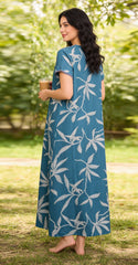 Alpine Long Nightgown for Women with Side Pocket | Soft Breathable Fabric | Printed Maxi Nighty | Comfortable Daily Wear