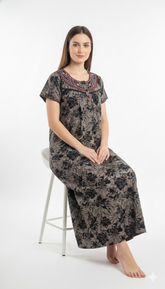 🌸 Alpine Women’s Printed Long Nightgown | Short Sleeves | Full-Length | Side Pocket | Soft Comfortable Nightwear
