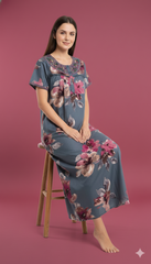 🌸 Alpine Women’s Printed Long Nightgown | Short Sleeves | Full-Length | Side Pocket | Soft Comfortable Nightwear