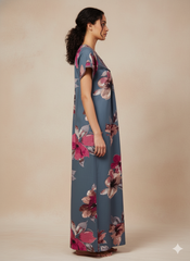 🌸 Alpine Women’s Printed Long Nightgown | Short Sleeves | Full-Length | Side Pocket | Soft Comfortable Nightwear