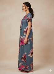 🌸 Alpine Women’s Printed Long Nightgown | Short Sleeves | Full-Length | Side Pocket | Soft Comfortable Nightwear