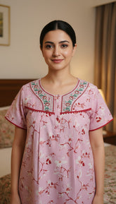 🌸 Alpine Women’s Printed Long Nightgown | Short Sleeves | Full-Length | Side Pocket | Soft Comfortable Nightwear