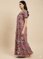 🌸 Alpine Women’s Printed Long Nightgown | Short Sleeves | Full-Length | Side Pocket | Soft Comfortable Nightwear