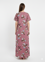 🌸 Alpine Women’s Printed Long Nightgown | Short Sleeves | Full-Length | Side Pocket | Soft Comfortable Nightwear