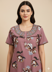 🌸 Alpine Women’s Printed Long Nightgown | Short Sleeves | Full-Length | Side Pocket | Soft Comfortable Nightwear