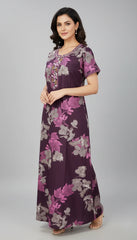 🌸 Alpine Women’s Printed Long Nightgown | Short Sleeves | Full-Length | Side Pocket | Soft Comfortable Nightwear