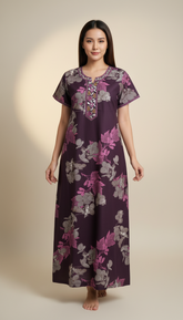 🌸 Alpine Women’s Printed Long Nightgown | Short Sleeves | Full-Length | Side Pocket | Soft Comfortable Nightwear