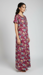 ?? Alpine Women’s Printed Long Nightgown | Short Sleeves | Full-Length | Side Pocket | Soft Comfortable Nightwear