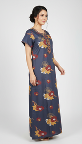 🌸 Alpine Women’s Printed Long Nightgown | Short Sleeves | Full-Length | Side Pocket | Soft Comfortable Nightwear