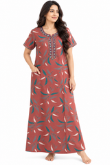 Alpine Women’s Printed Long Nightgown – Short Sleeve Floral Leaf Print with Embroidered Neckline