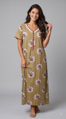 Evolove Alpine Long Nightgown for Women | Olive Green Floral Printed Maxi Nighty with Lace Neckline & Short Sleeves