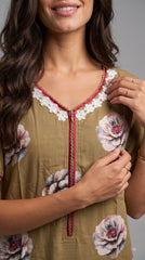 Evolove Alpine Long Nightgown for Women | Olive Green Floral Printed Maxi Nighty with Lace Neckline & Short Sleeves